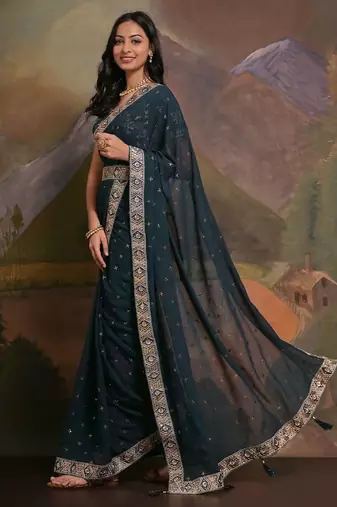 Teal embellished belted saree with blouse piece