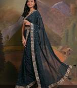 Teal embellished belted saree with blouse piece