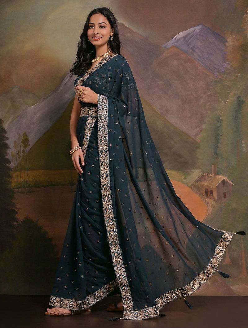 Teal embellished belted saree with blouse piece