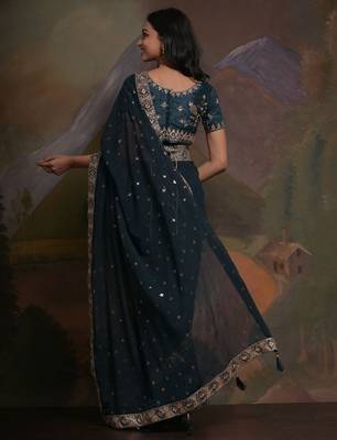Teal embellished belted saree with blouse piece 3