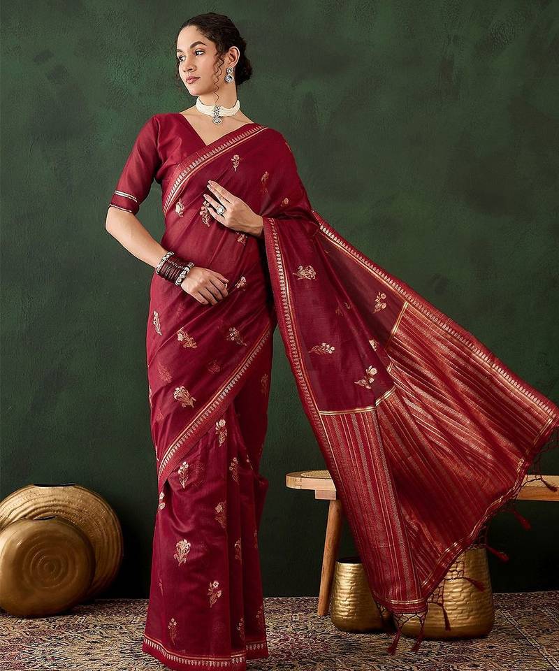 Red woven design kanjeevaram saree with blouse piece