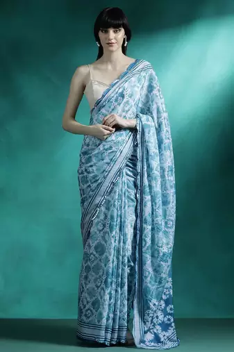 Turquoise printed & embroidered saree with blouse