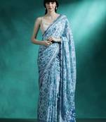 Turquoise printed & embroidered saree with blouse