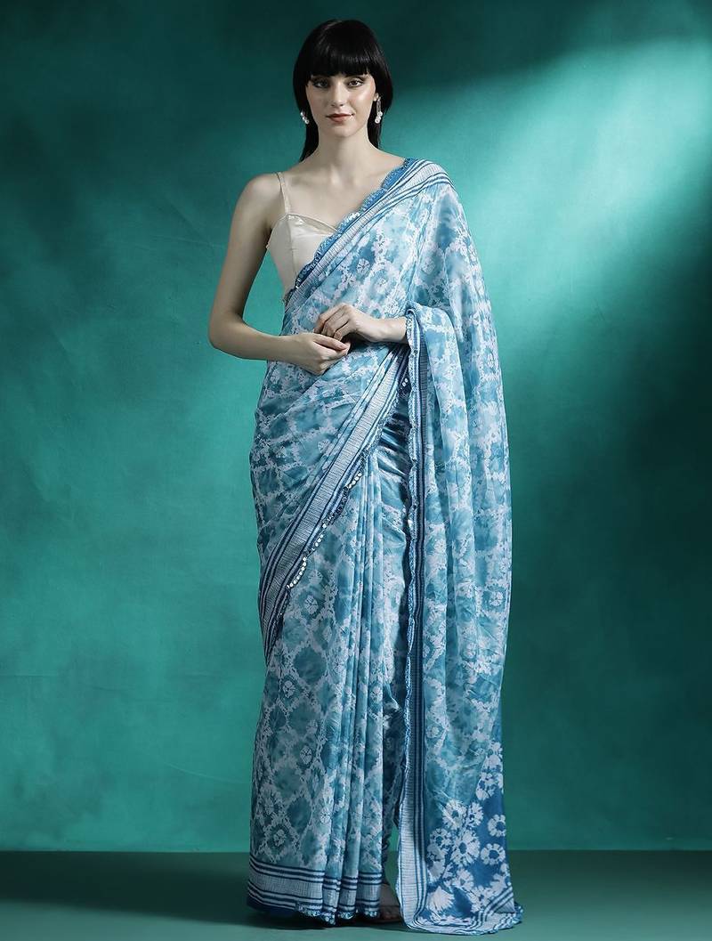 Turquoise printed & embroidered saree with blouse
