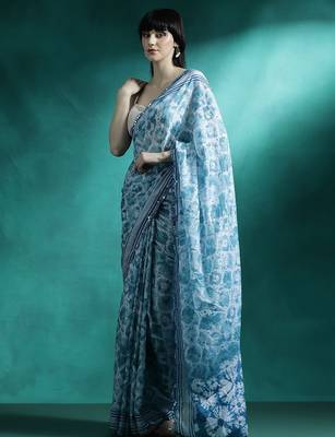 Turquoise printed & embroidered saree with blouse 2