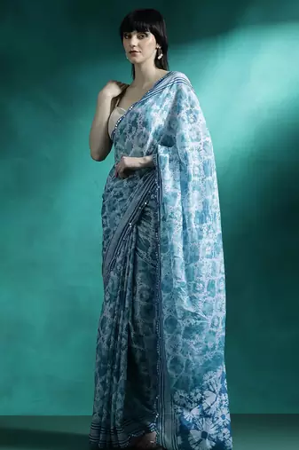 Turquoise printed & embroidered saree with blouse