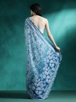 Turquoise printed & embroidered saree with blouse 3