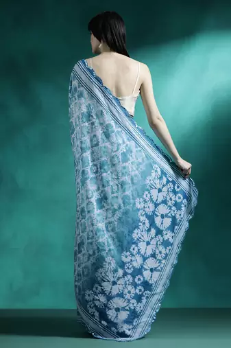 Turquoise printed & embroidered saree with blouse