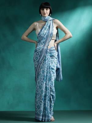 Turquoise printed & embroidered saree with blouse 4