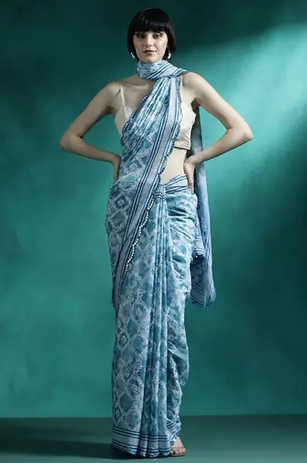 Turquoise printed & embroidered saree with blouse
