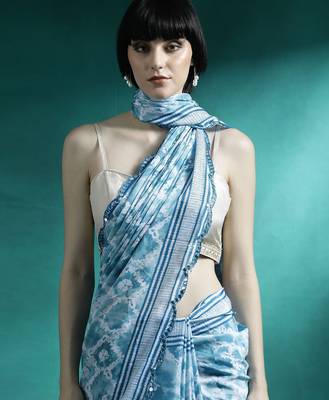 Turquoise printed & embroidered saree with blouse 5