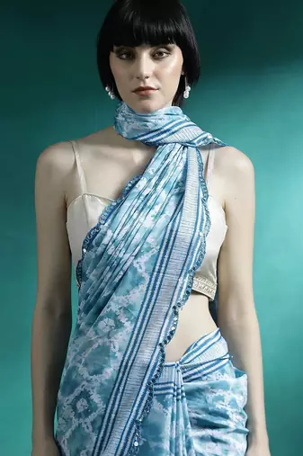 Turquoise printed & embroidered saree with blouse