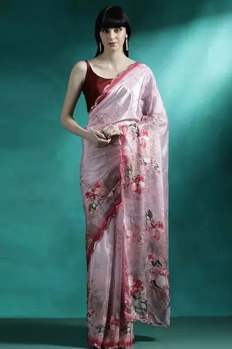 Pink floral printed & embroidered gotta patti saree