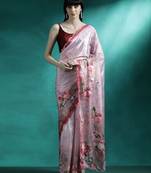 Pink floral printed & embroidered gotta patti saree