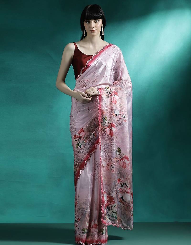 Pink floral printed & embroidered gotta patti saree