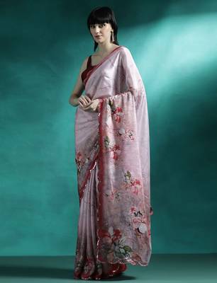 Pink floral printed & embroidered gotta patti saree 2
