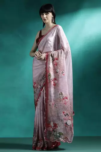 Pink floral printed & embroidered gotta patti saree