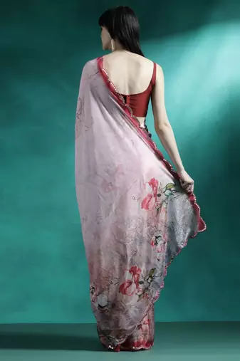 Pink floral printed & embroidered gotta patti saree