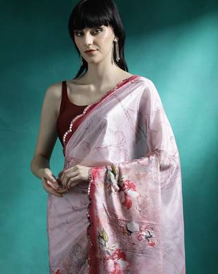 Pink floral printed & embroidered gotta patti saree 4