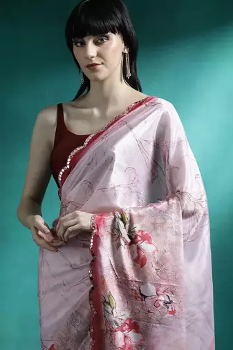 Pink floral printed & embroidered gotta patti saree