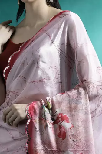 Pink floral printed & embroidered gotta patti saree