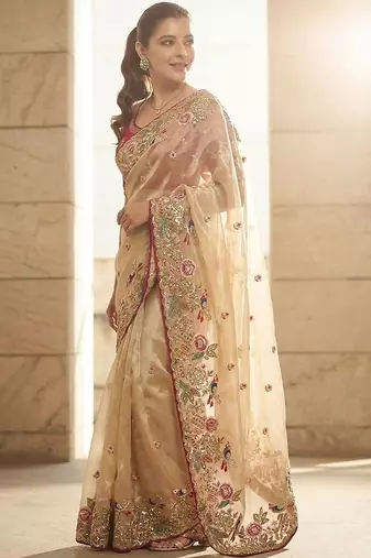 Beige embellished embroidered sequinned sarees with unstitched blouse piece