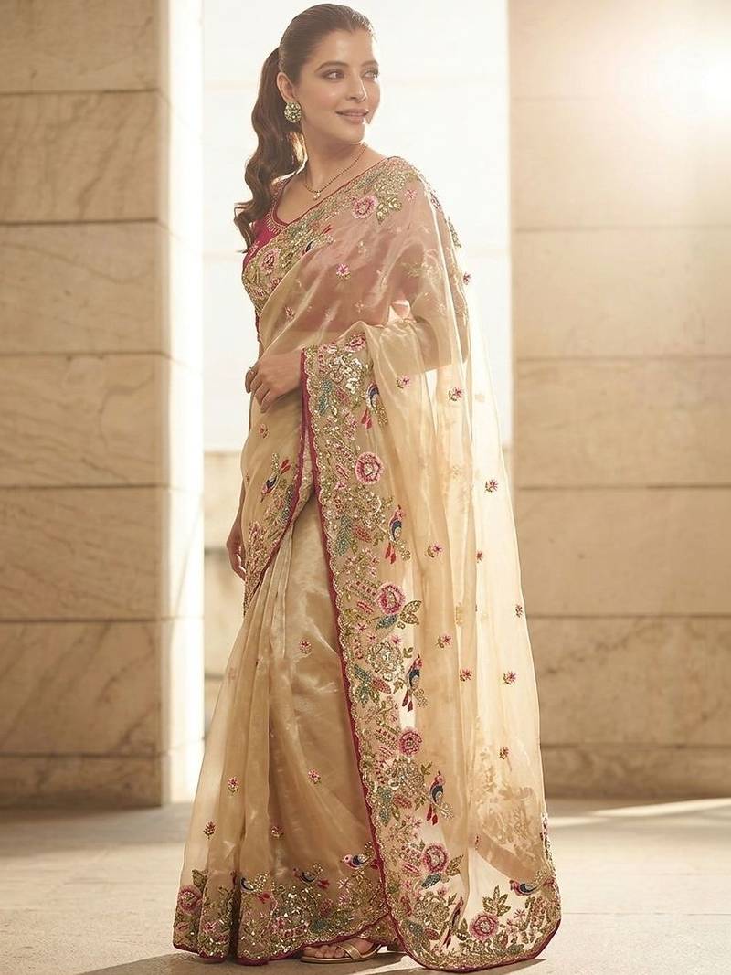Beige embellished embroidered sequinned sarees with unstitched blouse piece