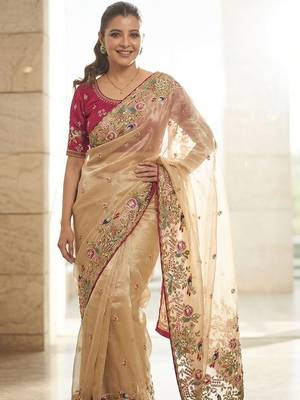Beige embellished embroidered sequinned sarees with unstitched blouse piece 2
