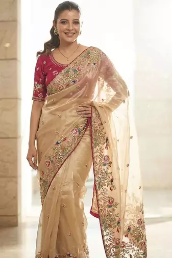 Beige embellished embroidered sequinned sarees with unstitched blouse piece