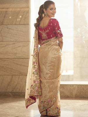 Beige embellished embroidered sequinned sarees with unstitched blouse piece 3