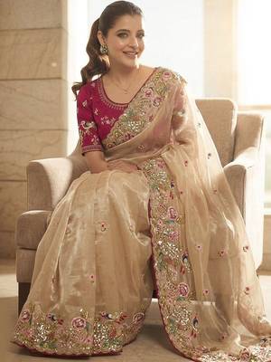 Beige embellished embroidered sequinned sarees with unstitched blouse piece 4