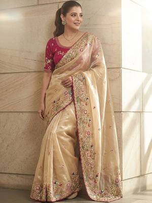 Beige embellished embroidered sequinned sarees with unstitched blouse piece 5
