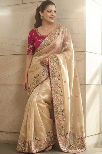 Beige embellished embroidered sequinned sarees with unstitched blouse piece