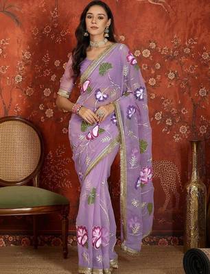 Lavender floral embroidered  georgette saree 1