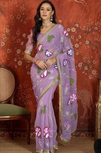 Lavender floral embroidered  georgette saree