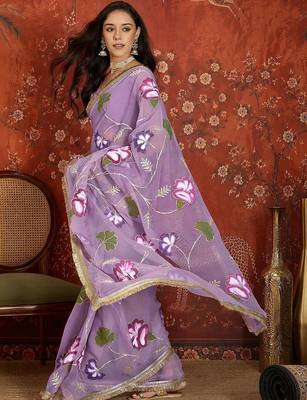Lavender floral embroidered  georgette saree 2