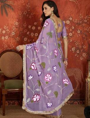 Lavender floral embroidered  georgette saree 3