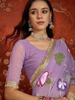 Lavender floral embroidered  georgette saree 4
