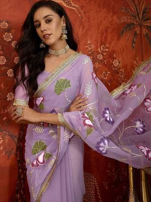 Lavender floral embroidered  georgette saree 5