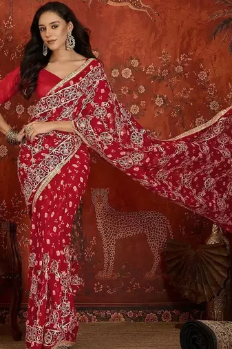 Red bandhani embroidered  georgette saree