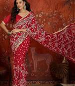 Red bandhani embroidered  georgette saree