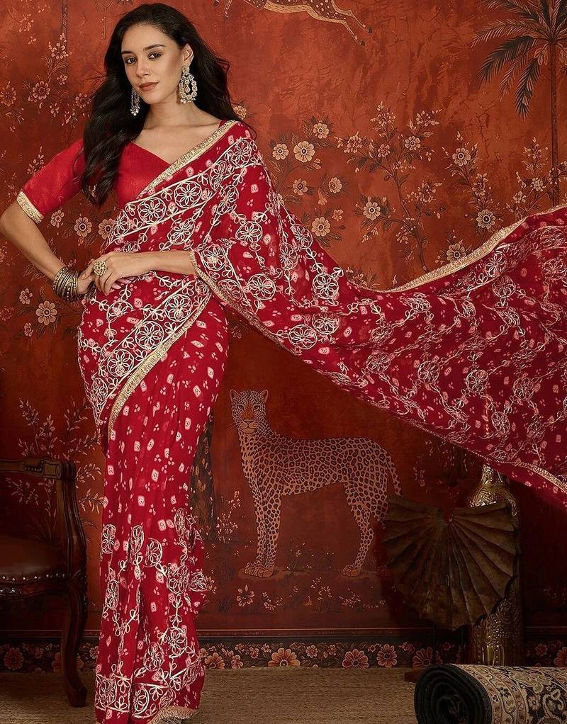 Red bandhani embroidered  georgette saree