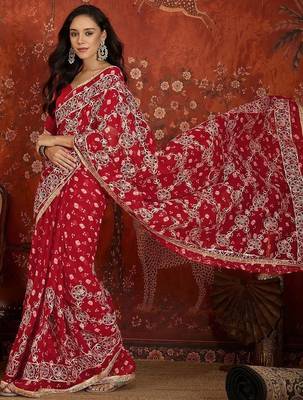 Red bandhani embroidered  georgette saree 2