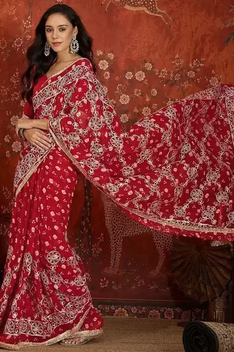 Red bandhani embroidered  georgette saree
