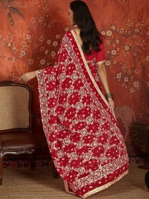 Red bandhani embroidered  georgette saree 3