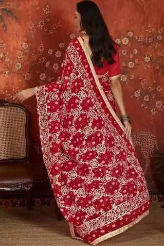 Red bandhani embroidered  georgette saree