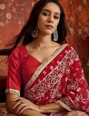 Red bandhani embroidered  georgette saree 4