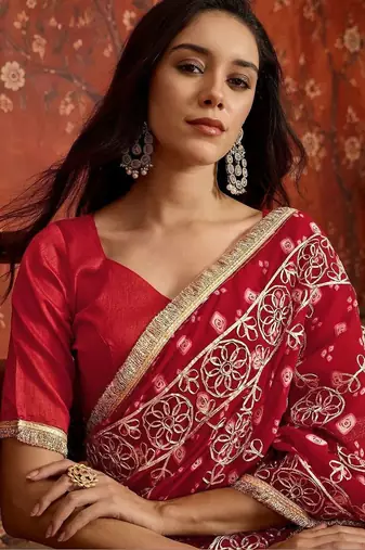 Red bandhani embroidered  georgette saree