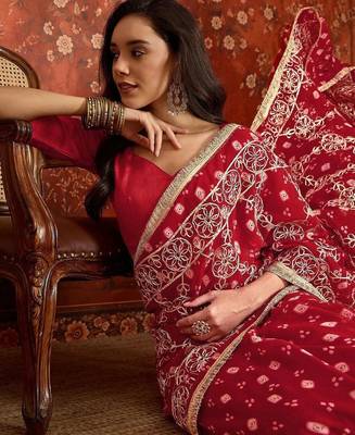 Red bandhani embroidered  georgette saree 5