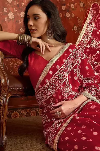 Red bandhani embroidered  georgette saree
